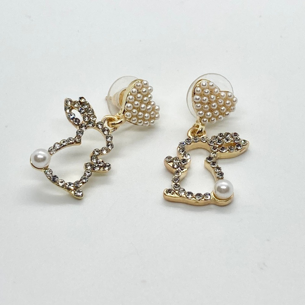 Pearl Rhinestone Dangle Easter Bunny Rabbit Earrings - Picture 7 of 13